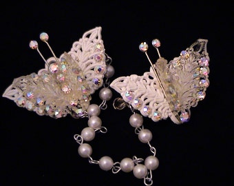 Vintage Celluloid Butterfly AB Rhinestone & Pearl Sweater Guard Clips in Orig Box