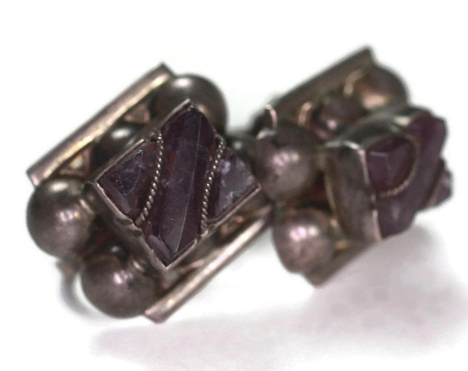 Amethyst and Silver Earrings Screw Back Mexico Vintage