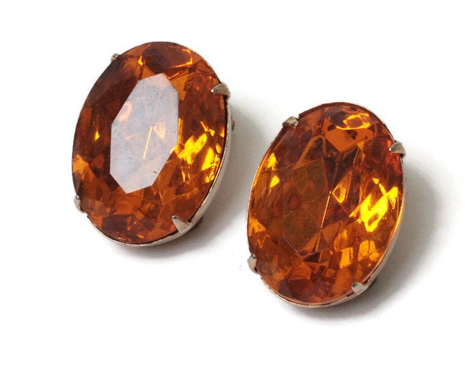 Amber or Topaz Glass Oval Earrings Clip On Gold Tone Vintage
