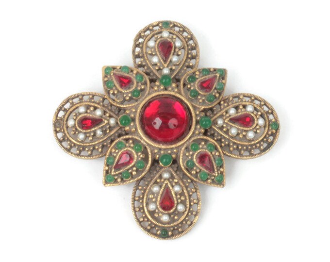 Maltese Cross Brooch Red Green Faux Pearls ART Signed Vintage