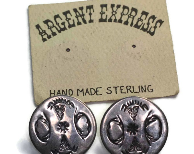 Sterling Southwestern Style Earrings Round Inscribed NA Design Argent Express Posts Original Card