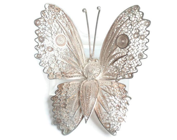 Large Silver Filigree Butterfly Brooch Peru Insect Jewelry Statement Brooch Vintage