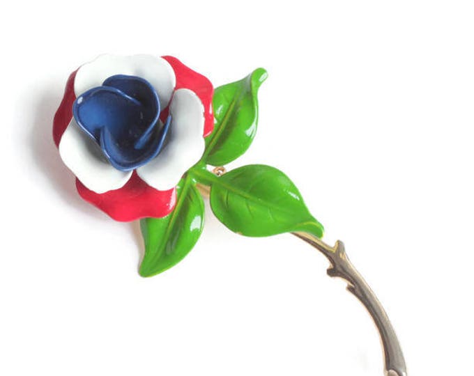 Red White and Blue Enameled Flower Brooch Vintage