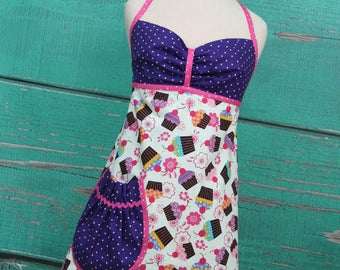 Women's Apron - Cupcakes - Purple & White