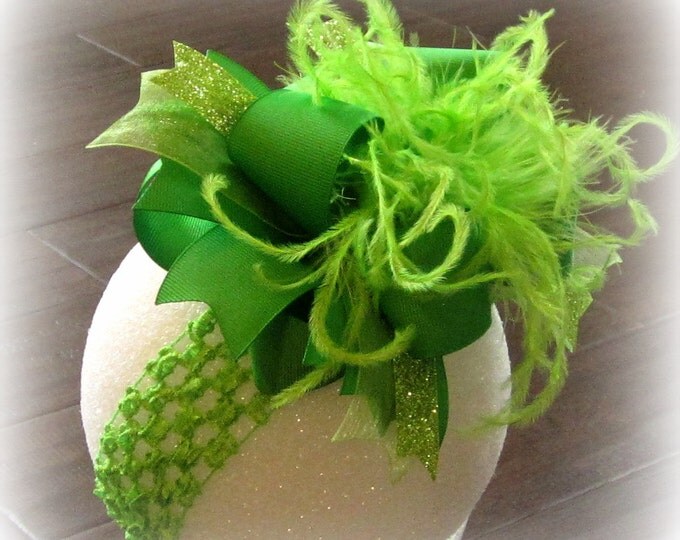 Over the Top Hair Bow, Lime OTT Bow, Ostrich Feather Bow, Girls Big Hair Bow, Boutique Hairbows, Pageant Hairbows, Lime Green Bow, Big Bows