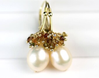Lever back Pearl drop earrings with Tourmaline Gemstone cluster in gold vermeil by art4ear, Ottawa Canada, modern pearl earrings, colorful