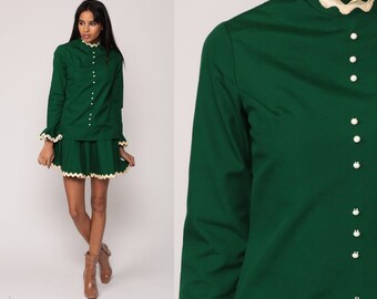 60s Mod Dress Mini Scooter Party 1960s Drop Waist Dark Green Vintage Long Sleeve 70s Twiggy Button Up Gogo RIC RAC Extra Small xs