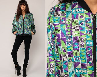 Bomber Jacket 80s Windbreaker Jacket Tribal Geometric Print Coat LIGHTWEIGHT Green Blue Purple Hipster Vintage 1980s Retro Medium Large
