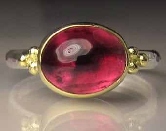 Pink Tourmaline Ring, 18k Gold and Sterling Silver Granulated Ring, Pink Tourmaline Cabochon Ring, Made to Order