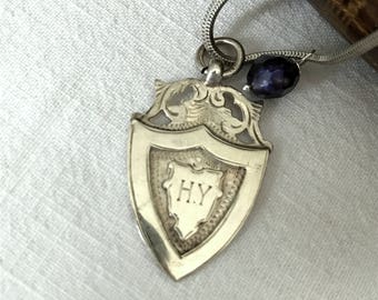 Antique English sterling silver sports medal with freshwater pearl necklace