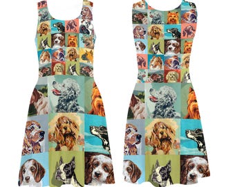 Vintage Paint by Number Dogs Skater Dress - printed flared tank dress - women's dog dress - USA XS-3XL