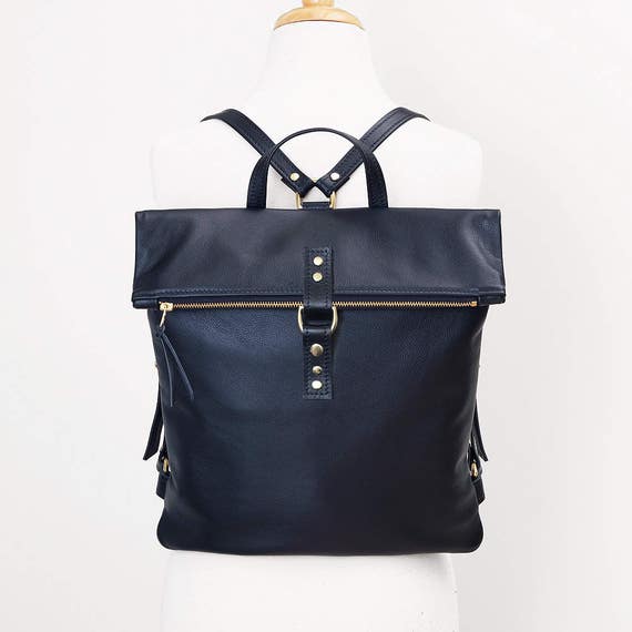Black Leather Backpack Laptop Backpack Fold Over Backpack
