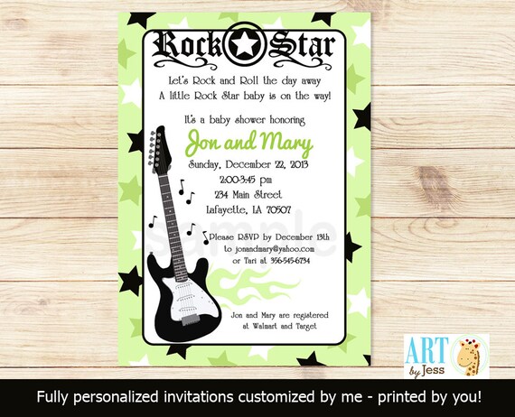 Green Rock Star Music Guitar Baby Shower Invitations Print Your Own Digital JPG File or Printed Rocker Baby Shower Invitations Il_570xn