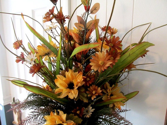 Tall Fall Floral Arrangement / Autumn Tall Floral Arrangement / Golden Browns Ferns Yellow Floral Arrangement / Tabletop Floral Arrangement