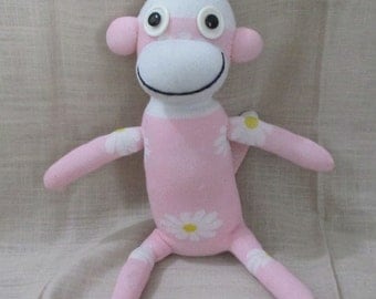Clearance Handmade Flower Print Pink Sock Monkey Stuffed Animal Doll Baby Toys