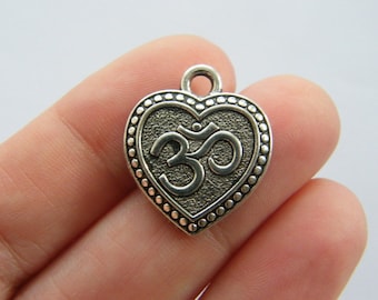 6 OM heart charms antique silver tone I86