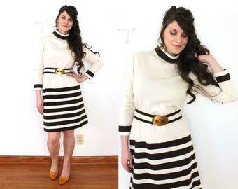 1970s Wool Dress / 70s Wool Knit Striped Cream and Brown Mod Sweater Dress