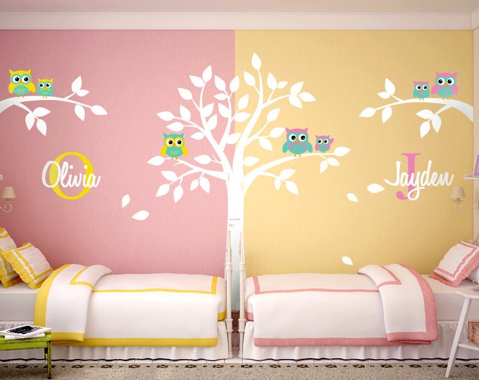 Owls Wall Decal, Owls and Tree Wall Decal for Twins Nursery, Tree with Owls Wall Sticker, Personalized Custom Name and Initial Wall Decal