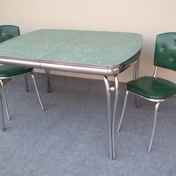 Vintage Green Formica and Chrome Table with Two Green Chairs