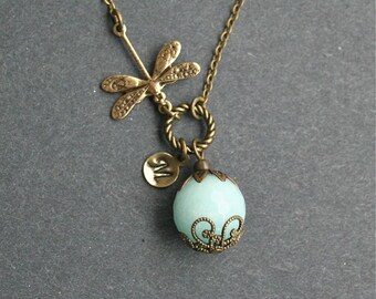 Personalized Dragonfly Necklace, Light Blue Stone Necklace, Monogram Stone Necklace, Bronze Dragonfly,Custom Initial, Vintage Style Necklace