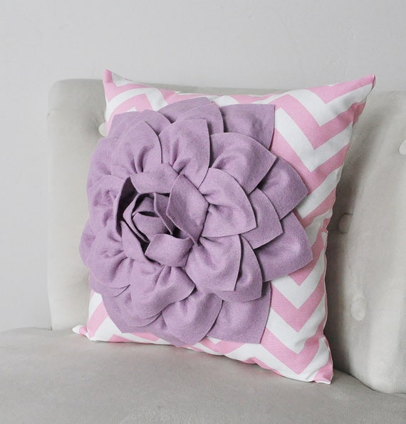 Items similar to Decorative Flower Pillow Lilac Dahlia on Pink and White Chevron Accent Pillow ...