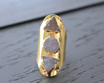 Druzy Ring Geode Ring Gold Cuff Ring Gold Hammered Cuff Ring Boho Ring Boho Jewelry Shield Ring Triple Stone Ring Druzy Jewelry Triangle