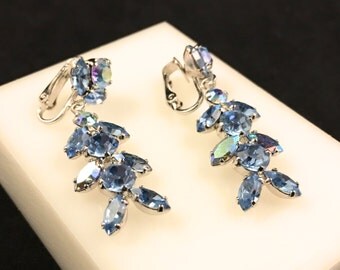 SIGNED SHERMAN EARRINGS - Vintage Jewelry, Sherman Jewelry, Vintage Rhinestone Earrings, Blue Clip On Earrings, Aurora Borealis Dangles
