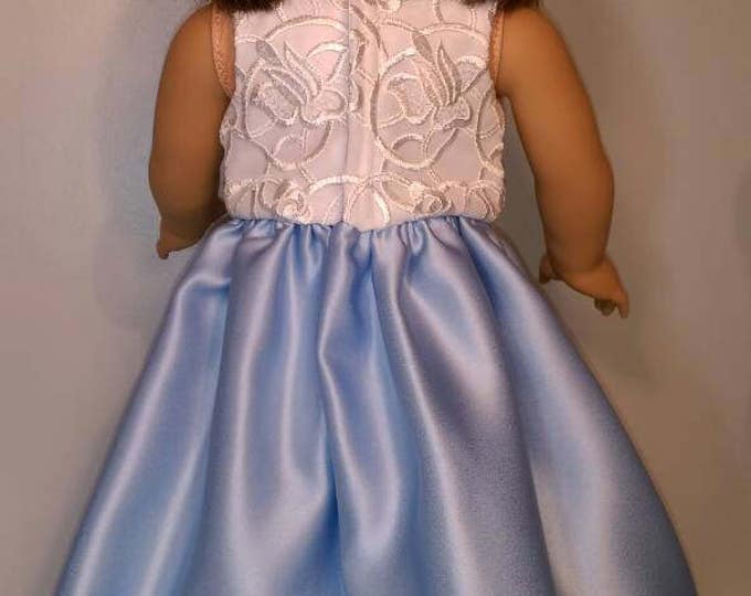 Blue satin summer party doll dress with white lace bodice fits 18 inch dolls