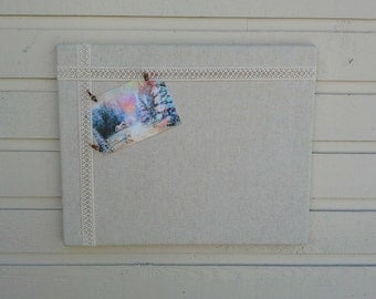 Cotton Weave and Lace Bulletin Board, Photo Memory Board for your Office, cabin, kitchen or Wedding decor burlap alternative for allergies