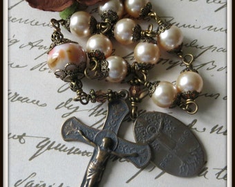 Wire Wrapped St. Anne Single Decade Rosary in Swarovski Pearl & Lampwork