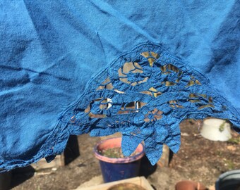 Vintage Linen Natural Indigo Dyed Cafe Curtain Set, Cotton and Lace