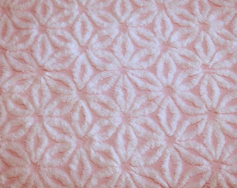 Pink Daisy Chenille | Pretty Pink and Fluffy White Daisy Hofmann Vintage Chenille Bedspread Fabric Piece - 28 x 26 Inches