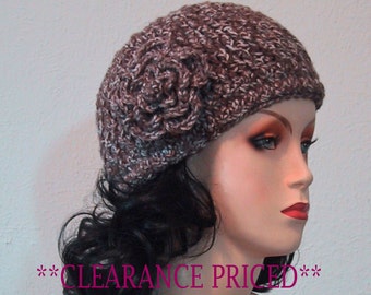 CLEARANCE PRICED - Ladies Beanie Hat w/Flower - Hand Crocheted - Soft Acrylic Yarn Taupe Mist - Size Small - Ready to Ship