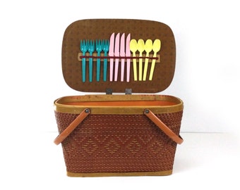 Vintage Red-Man Picnic Basket with Utensils