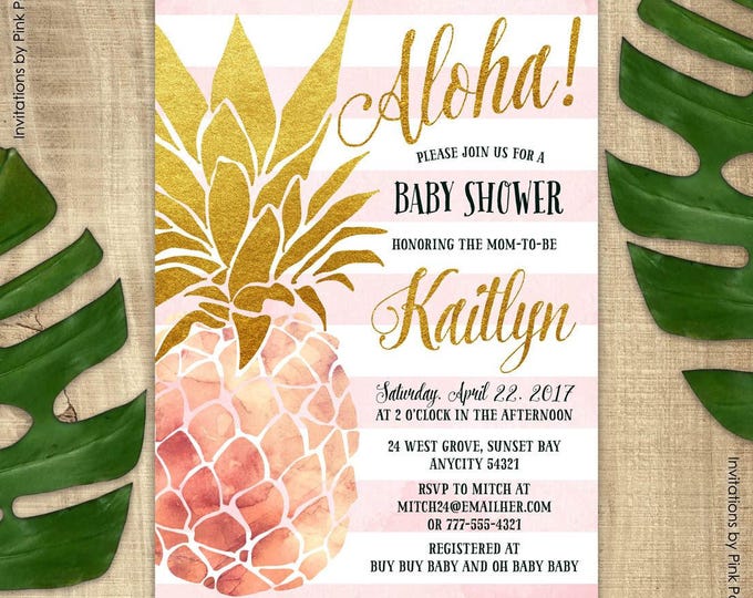 Pineapple Invitation, Baby Shower Invitation, Pink and Gold Pineapple, Aloha Luau Hawaiian Printable Invitation