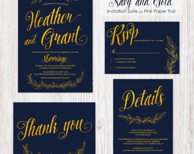 Printable Wedding Invitation Suite, Navy Blue and Gold Wreath Spring Summer Wedding Print Your Own Invitation