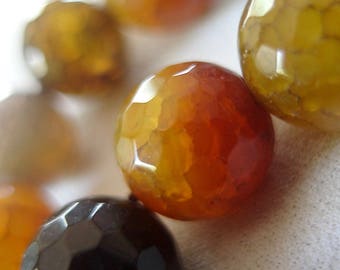 14mm Micro Faceted Orange Amber Yellow Gray Multi-tone Dragon Vein Round Beads, large 14mm, full strand, 15"