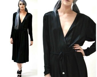 Vintage Black Silk Dress Size Medium Plunging Neckline// 80s 90s Vintage Black Silk Wrap Dress Medium