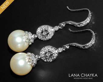 Bridal Chandelier Pearl Earrings Swarovski 10mm Pearl Earrings Ivory Pearl Bridal Earrings Wedding Pearl Earrings Bridal CZ Pearl Earrings