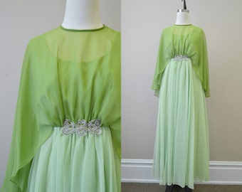 1970s Emma Domb Green Chiffon Evening Gown