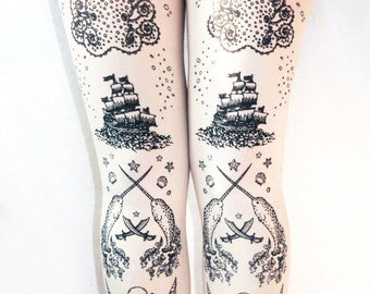Tattoo Tights Extra Large Plus Size Black on White Sailor Lolita Anchor Nautical Print