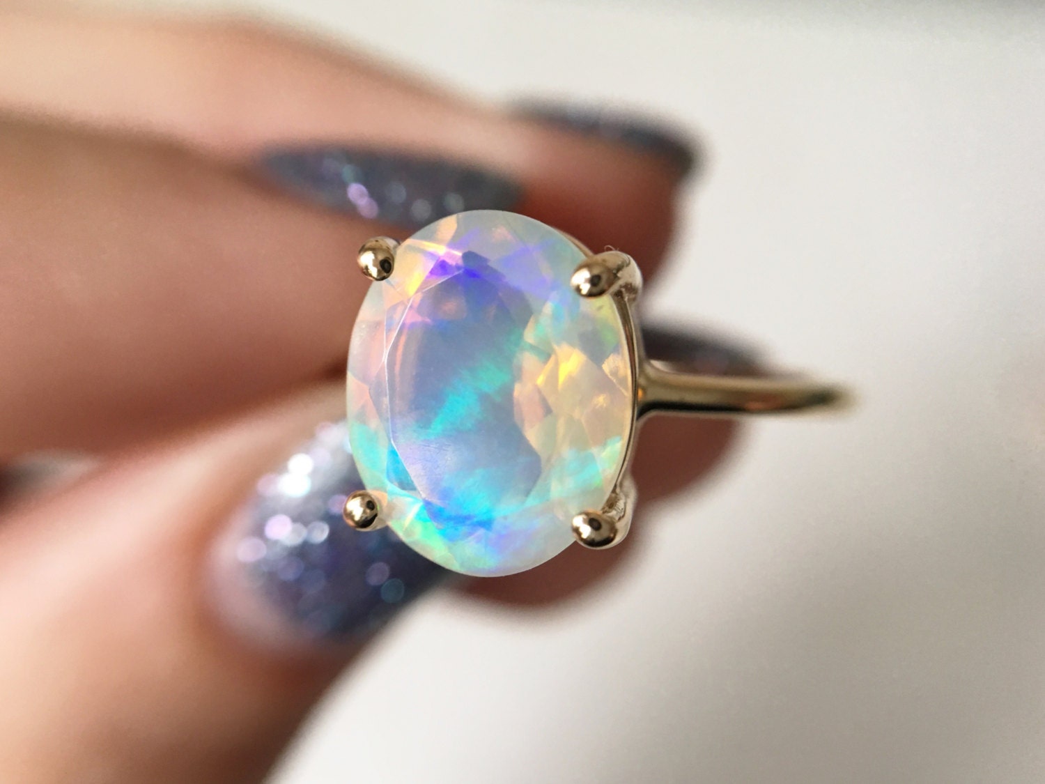 Faceted Ethiopian Opal Ring 14k rose gold opal ring