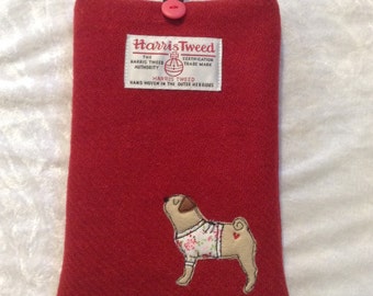 Pug e-reader case, kindle paperwhite 6", kindle voyage, kobo touch, kobo glo case, sleeve, red Harris Tweed, embroidered pug, pug lover