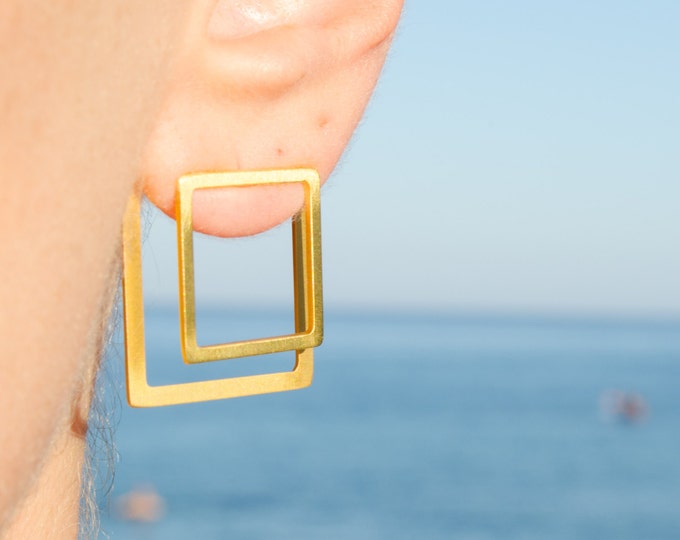 2 Dimensional Square gold-plated bronze earrings Geometrical ear jackets easy to wear Minimal Elegant formal informal available in silver