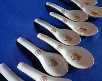 Set of 10 Porcelain Chinese Soup Spoons