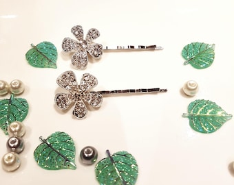 Vintage Rhinestone Flower Hair Pins, Bridal Hair Pins, Bobby PIns, Vintage Bridal Hair Pin Set, Bobby Pins