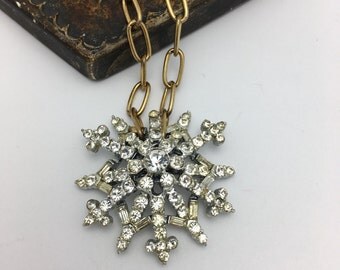 Rhinestone Brooch Necklace Vintage Necklace Rhinestone Necklace