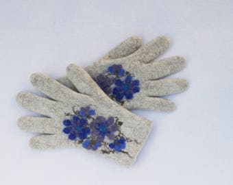 Felted Gloves Merino wool Gray Sand Blue Floral