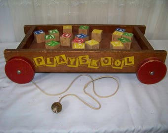 Vintage Playskool Wood Wagon with Pull Cord