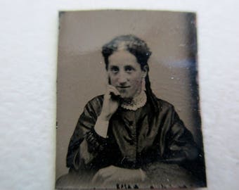 antique miniature gem tintype photo - 1800s, woman with pensive pose